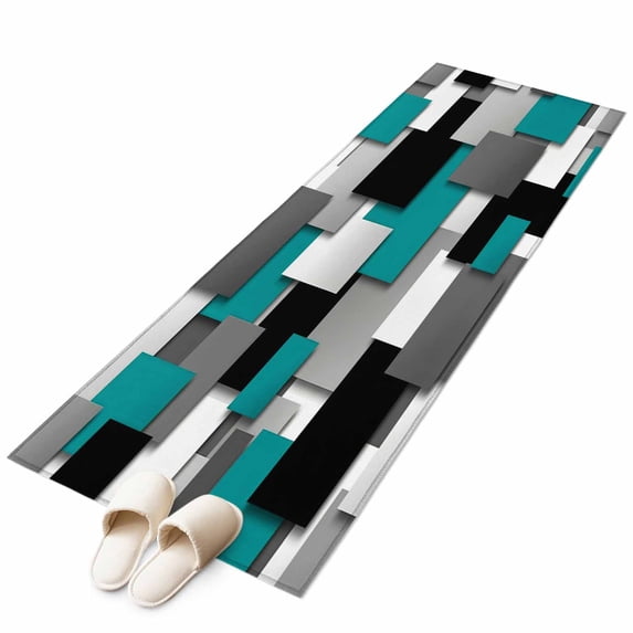 Area Rugs 2x6, Abstract Teal Black Gray White Square Non Slip Washable ...