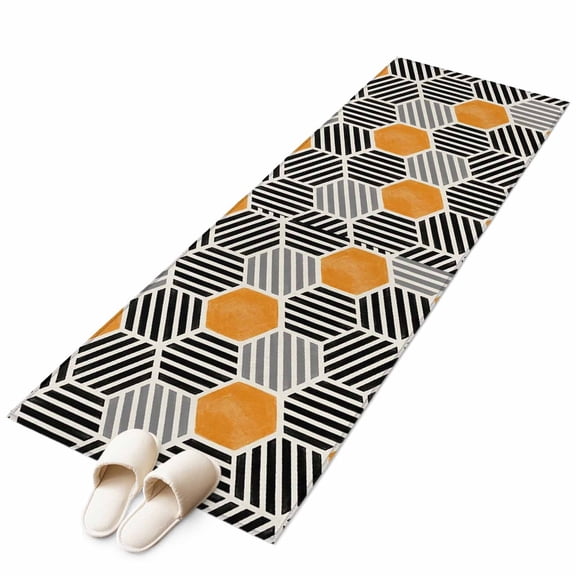 Area Rugs 2x6, Geometric Orange Black Hexagon Non Slip Washable Rug Indoor Carpet Soft Floor Rugs for Home Living Room Bedroom Dining Room Office