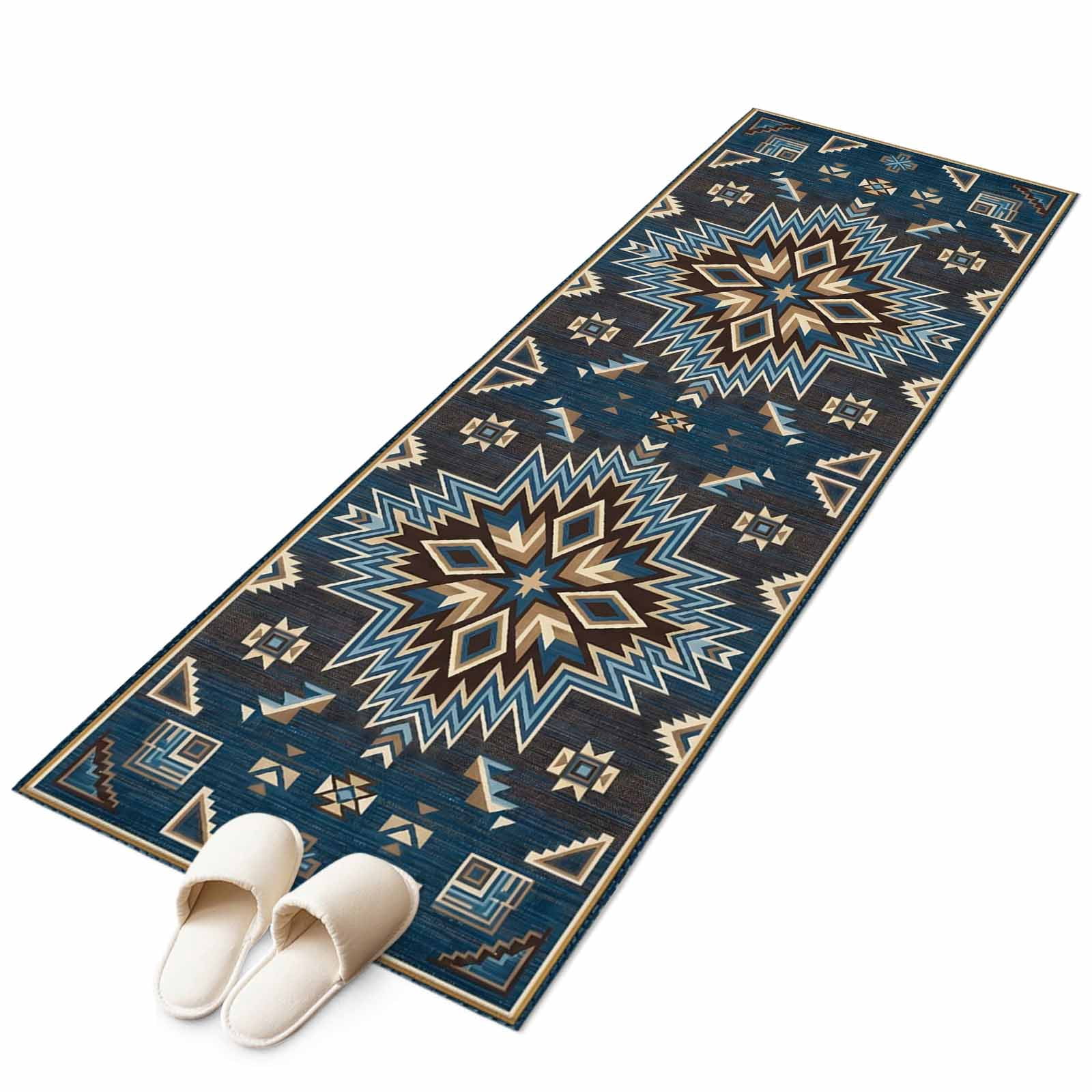 Area Rugs 2x6, Mid Century Blue Brown Boho Floral Non Slip Washable Rug ...