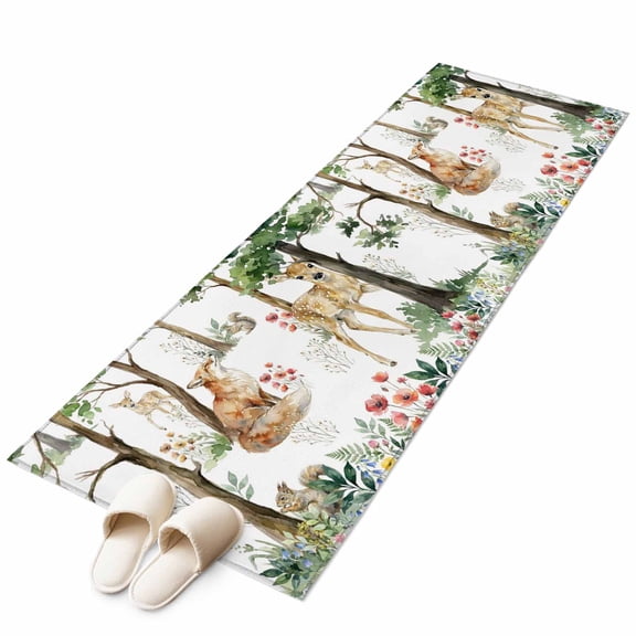 Area Rugs 2x6, Small Deer Fox Squirrels Flowers Non Slip Washable Rug Indoor Carpet Soft Floor Rugs for Home Living Room Bedroom Dining Room Office
