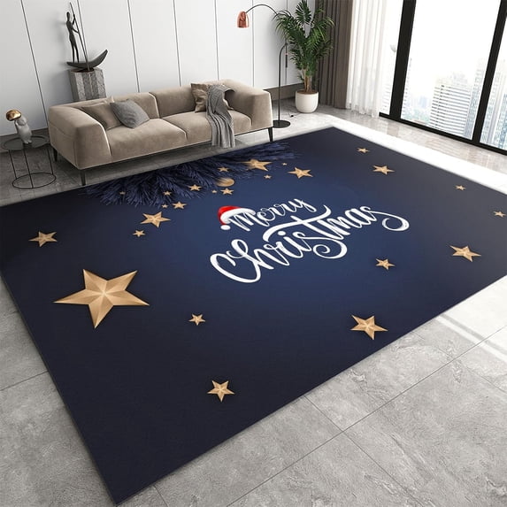 Area Rugs 3'x4', Merry Christmas Doormat, Gold Stars with Fir Twig Holiday Fashion Art Printed Pattern Washable Area Rug, Soft Comfy Breathable Non Slip Rugs for Kids Bedroom Decor Mats