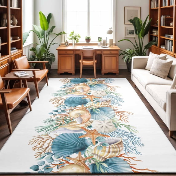 Area Rugs 3'x5', Beach Coastal Carpet Runner Indoor Outdoor Rugs Home Decor Aesthetic, Nautical Shell Starfish Coral Summer Non Slip Mats Washable Accent Rug for Living Room Bedroom