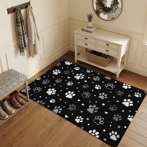 Area Rugs 3'x5', Black White Dog Paws Carpet Runner Indoor Outdoor Rugs Home Decor Aesthetic, Cute Puppy Paw Prints Non Slip Mats Washable Accent Rug for Living Room Bedroom