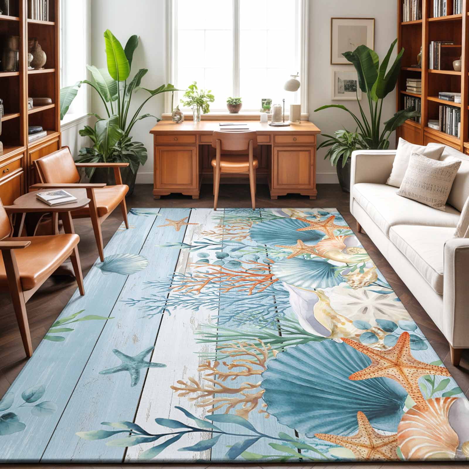 Area Rugs 3'x5', Blue Coastal Carpet Runner Indoor Outdoor Rugs Home Decor Aesthetic, Summer Beach Starfish Shell Coral Nautical Non Slip Mats Washable Accent Rug for Living Room Bedroom