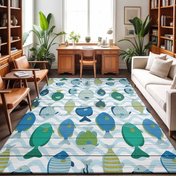 Area Rugs 3'x5', Blue Fishes Carpet Runner Indoor Outdoor Rugs Home Decor Aesthetic, Cartoon Coastal Ocean Fish Striped Wooden Non Slip Mats Washable Accent Rug for Living Room Bedroom