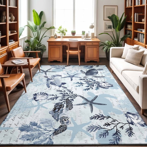 Area Rugs 3'x5', Blue Turtle Coastal Carpet Runner Indoor Outdoor Rugs Home Decor Aesthetic, Nautical Summer Beach Starfish Coral Non Slip Mats Washable Accent Rug for Living Room Bedroom