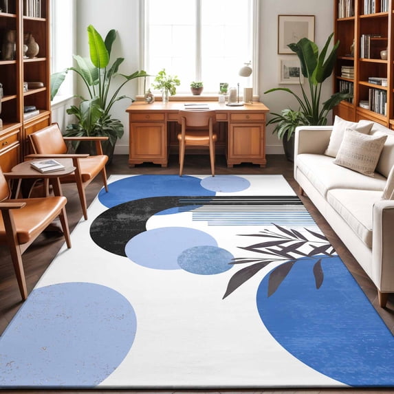 Area Rugs 3'x5', Boho Middle Century Carpet Runner Indoor Outdoor Rugs Home Decor Aesthetic, Abstract Blue Geometric Botanical Non Slip Mats Washable Accent Rug for Living Room Bedroom
