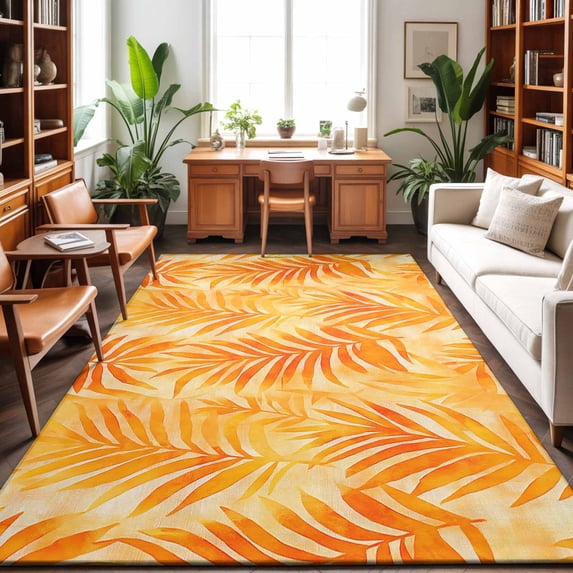 Area Rugs 3'x5', Botanical Orange Yellow Carpet Runner Indoor Outdoor Rugs Home Decor Aesthetic, Modernism Tropical Palm Leaf Non Slip Mats Washable Accent Rug for Living Room Bedroom