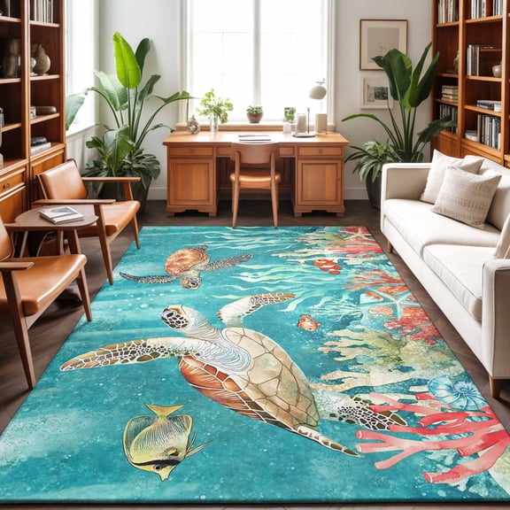 Area Rugs 3'x5', Brown Sea Turtle Coastal Carpet Runner Indoor Outdoor Rugs Home Decor Aesthetic, Teal Summer Beach Coral Nautical Non Slip Mats Washable Accent Rug for Living Room Bedroom