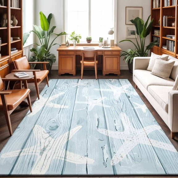 Area Rugs 3'x5', Coastal Starfish Carpet Runner Indoor Outdoor Rugs Home Decor Aesthetic, Summer Ocean Blue Farm Wooden Plank Non Slip Mats Washable Accent Rug for Living Room Bedroom