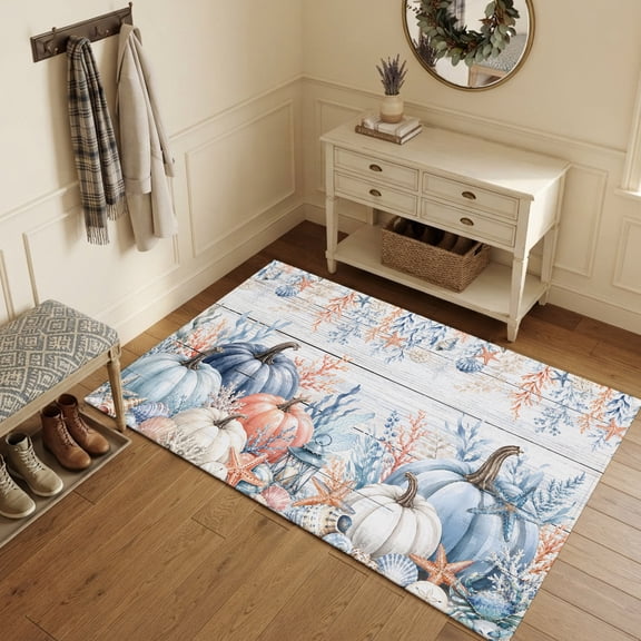 Area Rugs 3'x5', Coastal Thanksgiving Carpet Runner Indoor Outdoor Rugs Home Decor Aesthetic, Fall Pumpkins Weep Leaves Grey Wood Non Slip Mats Washable Accent Rug for Living Room Bedroom