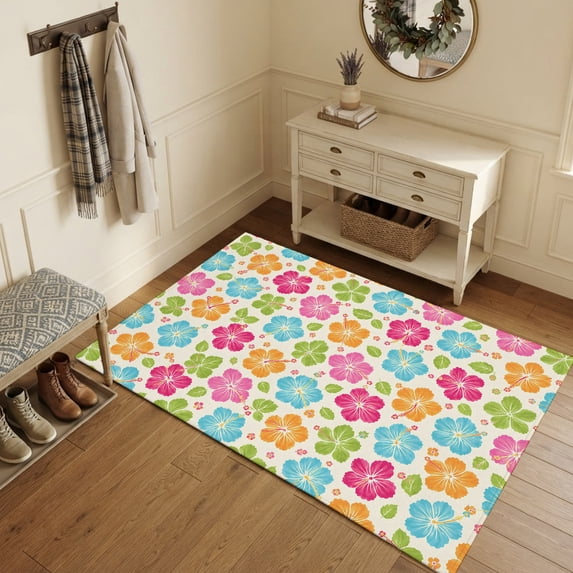 Area Rugs 3'x5', Colorful Flowers Carpet Runner Indoor Outdoor Rugs Home Decor Aesthetic, Farmhouse Botanical Floral Leaves Non Slip Mats Washable Accent Rug for Living Room Bedroom
