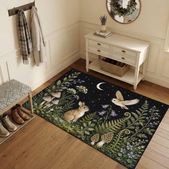 Area Rugs 3'x5', Farmhouse Rabbit Owl Carpet Runner Indoor Outdoor Rugs Home Decor Aesthetic, Botanical Mushroom Flowers Herbs Non Slip Mats Washable Accent Rug for Living Room Bedroom