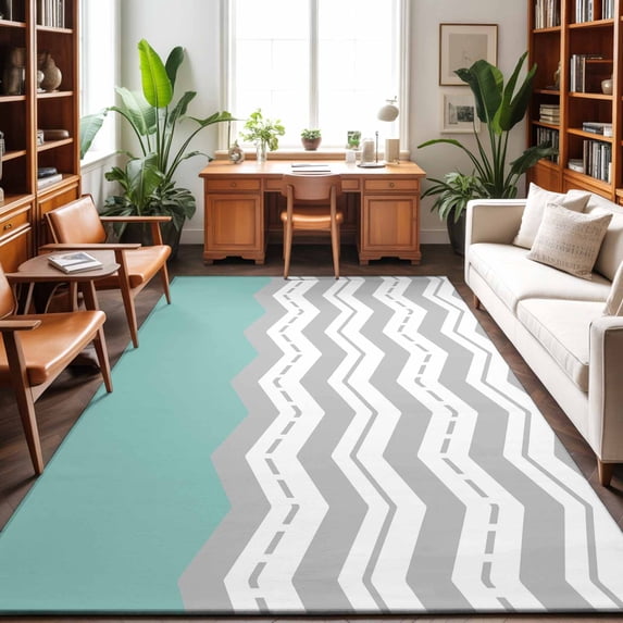 Area Rugs 3'x5', Grey Chevron Carpet Runner Indoor Outdoor Rugs Home Decor Aesthetic, Geometric Turquoise Print Wavy Striped White Non Slip Mats Washable Accent Rug for Living Room Bedroom