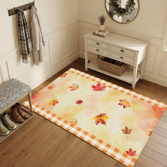 Area Rugs 3'x5', Maple Leaves Fall Carpet Runner Indoor Outdoor Rugs Home Decor Aesthetic, Thanksgiving Farmhouse Orange Plaid Non Slip Mats Washable Accent Rug for Living Room Bedroom