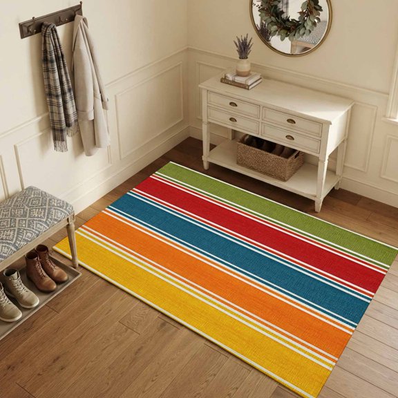 Area Rugs 3'x5', Modern Minimalist Carpet Runner Indoor Outdoor Rugs Home Decor Aesthetic, Colorful Horizontal Stripes Lines Rustic Non Slip Mats Washable Accent Rug for Living Room Bedroom