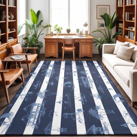 Area Rugs 3'x5', Nautical Striped Carpet Runner Indoor Outdoor Rugs Home Decor Aesthetic, Summer Coastal Ocean Navy Blue White Non Slip Mats Washable Accent Rug for Living Room Bedroom