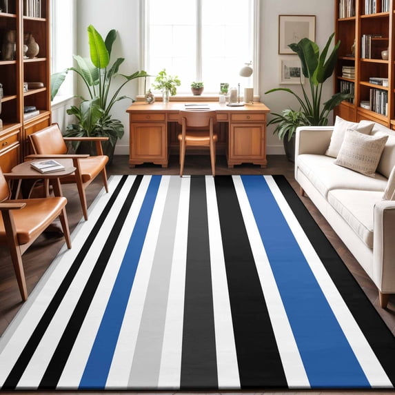 Area Rugs 3'x5', Navy Blue Black Stripe Carpet Runner Indoor Outdoor Rugs Home Decor Aesthetic, Modern Abstract Coarse Striped Non Slip Mats Washable Accent Rug for Living Room Bedroom