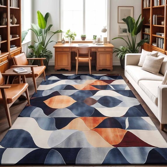 Area Rugs 3'x5', Navy Blue Burnt Orange Carpet Runner Indoor Outdoor Rugs Home Decor Aesthetic, Geometric Retro Abstract Non Slip Mats Washable Accent Rug for Living Room Bedroom