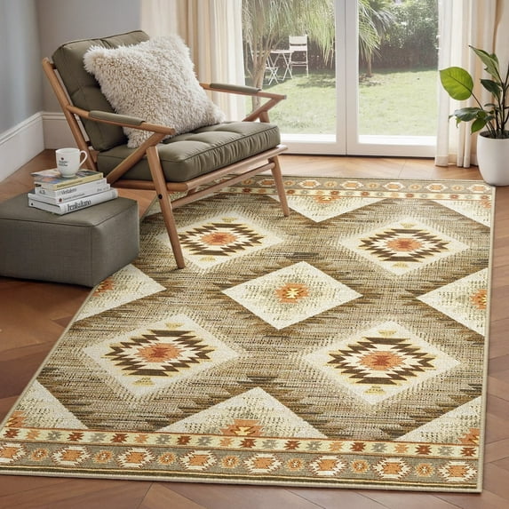 NewBuros 3'x5' Area Rugs for Living Room, Non-Slip Machine Washable Rugs, Soft Stain Resistant Low Pile Vintage Distressed Print Western Indoor Carpet, Camel