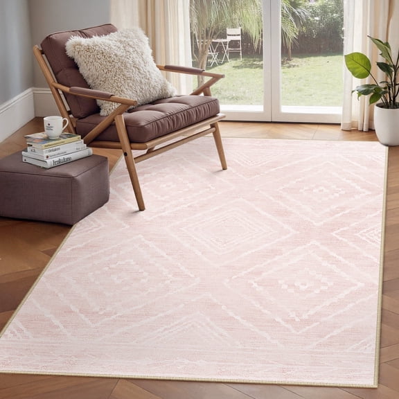 NewBuros 3'x5' Area Rug for Living Room, Machine Washable Non-Slip Rug, Soft Low Pile Stain Resistant Vintage Western Indoor Rug for Bedroom Dining Room, Light Pink
