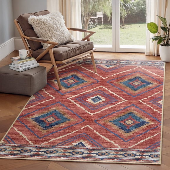 NewBuros 3'x5' Area Rugs for Living Room, Non-Slip Machine Washable Rugs, Soft Stain Resistant Low Pile Vintage Distressed Print Western Indoor Carpet, Red