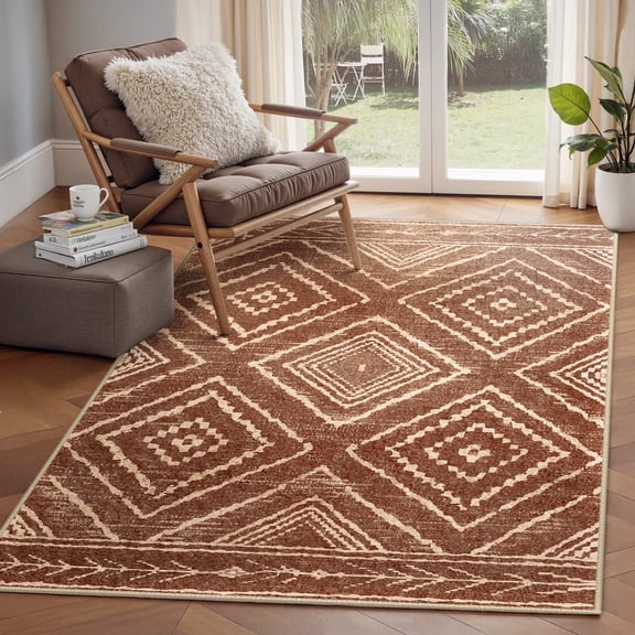 NewBuros 3'x5' Area Rug for Living Room, Machine Washable Non-Slip Rug, Soft Low Pile Stain Resistant Vintage Western Indoor Rug for Bedroom Dining Room, Yellowbrown