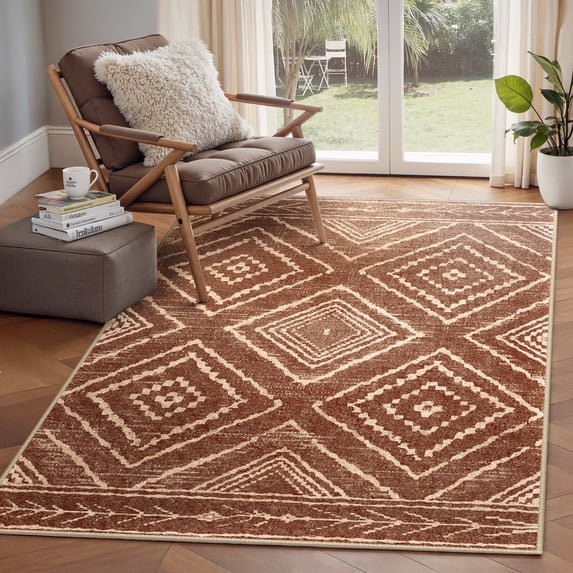 NewBuros 3'x5' Area Rug for Living Room, Machine Washable Non-Slip Rug, Soft Low Pile Stain Resistant Vintage Western Indoor Rug for Bedroom Dining Room, Yellowbrown