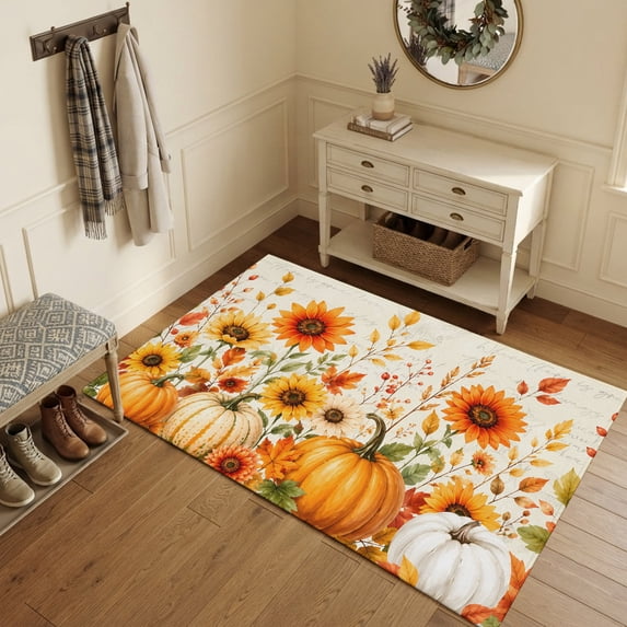 Area Rugs 3'x5', Orange Pumpkins Fall Carpet Runner Indoor Outdoor Rugs Home Decor Aesthetic, Thanksgiving Sunflower Autumn Botanical Non Slip Mats Washable Accent Rug for Living Room Bedroom