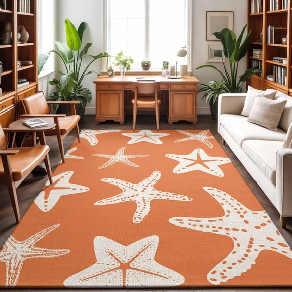 Area Rugs 3'x5', Orange Starfish Coastal Carpet Runner Indoor Outdoor Rugs Home Decor Aesthetic, Nautical Summer Ocean Abstract Art Non Slip Mats Washable Accent Rug for Living Room Bedroom