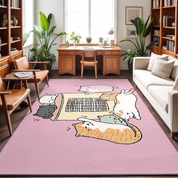 Area Rugs 3'x5', Pink Cute Cat Carpet Runner Indoor Outdoor Rugs Home Decor Aesthetic, Cartoon Funny Heater Cats Non Slip Mats Washable Accent Rug for Living Room Bedroom