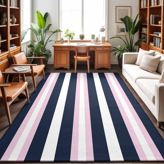 Area Rugs 3'x5', Pink Navy Blue Striped Carpet Runner Indoor Outdoor Rugs Home Decor Aesthetic, Minimalist Abstract Lines Artwork Non Slip Mats Washable Accent Rug for Living Room Bedroom