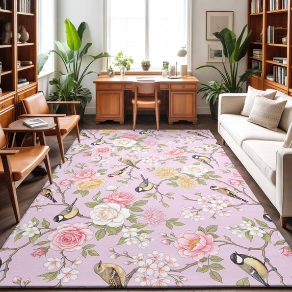 Area Rugs 3'x5', Pink Spring Floral Carpet Runner Indoor Outdoor Rugs Home Decor Aesthetic, Elegant Farmhouse Flowers Birds Watercolor Non Slip Mats Washable Accent Rug for Living Room Bedroom