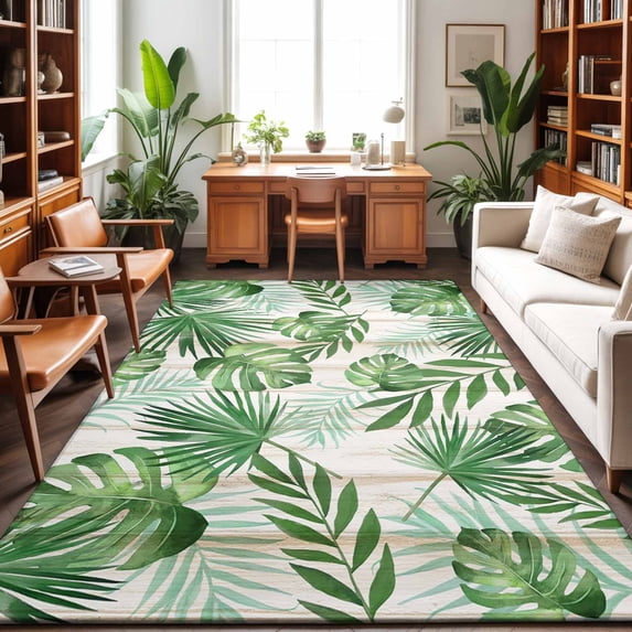 Area Rugs 3'x5', Summer Botanical Carpet Runner Indoor Outdoor Rugs Home Decor Aesthetic, Green Monstera Palm Leaves Wood Beige Non Slip Mats Washable Accent Rug for Living Room Bedroom