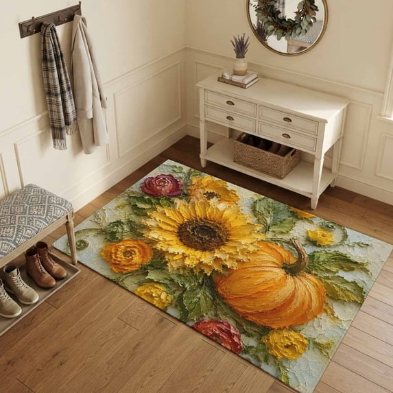 Area Rugs 3'x5', Sunflower Oil Painting Carpet Runner Indoor Outdoor Rugs Home Decor Aesthetic, Farmhouse Thanksgiving Fall Botanical Non Slip Mats Washable Accent Rug for Living Room Bedroom