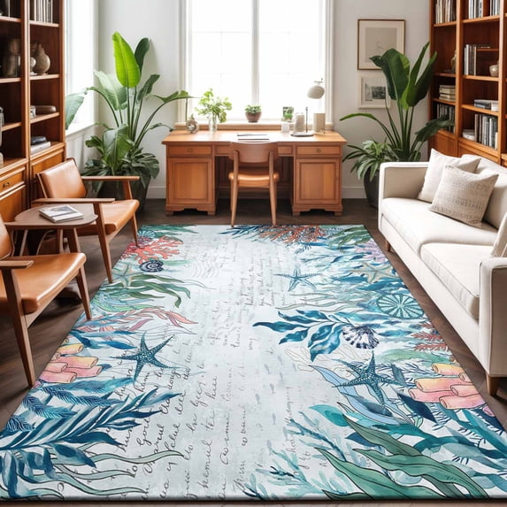 Area Rugs 3'x5', Vintage Coastal Coral Carpet Runner Indoor Outdoor Rugs Home Decor Aesthetic, Nautical Blue Conch Starfish Ocean Non Slip Mats Washable Accent Rug for Living Room Bedroom