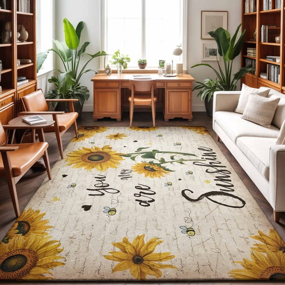 Area Rugs 3'x5', Vintage Sunflowers Carpet Runner Indoor Outdoor Rugs Home Decor Aesthetic, Spring Summer Retro Bees Yellow Floral Non Slip Mats Washable Accent Rug for Living Room Bedroom
