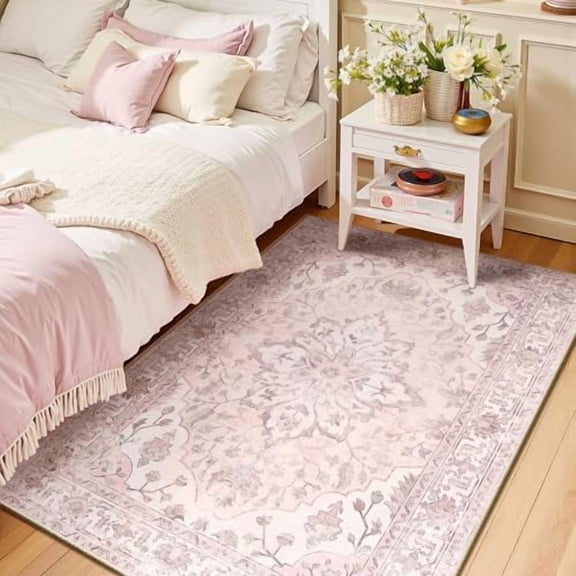 Area Rugs 3'x5' Washable Non-Slip, Floral Vintage Distress Print Pattern Medallion Carpet for Living Room Bedroom Dining Room, Pink Greypink Cute