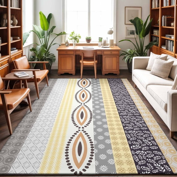 Area Rugs 3'x5', Yellow Grey Geometric Carpet Runner Indoor Outdoor Rugs Home Decor Aesthetic, Boho Vintage Country Flowers Leaves Non Slip Mats Washable Accent Rug for Living Room Bedroom