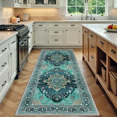 Area Rugs 3'x6' Runner Rug Non Slip Washable for Kitchen Hallway Bedroom Beside Laundry Room Bathroom Rug, Floor Carpet, Teal Green Lake Blue Turquoise