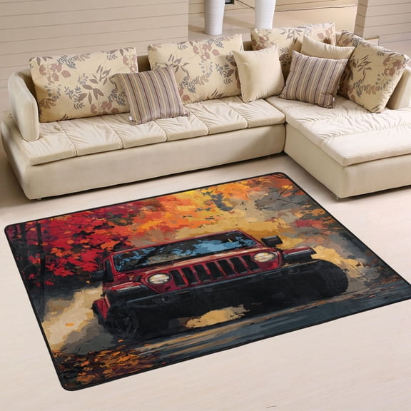Area Rugs 36"x24" Indoor Non-Slip Wear Resistant Floor Mats Soft Large Carpets for Living Room Bedroom Home Decor Washable Rug Autumn Trail Red Off-road Jeep