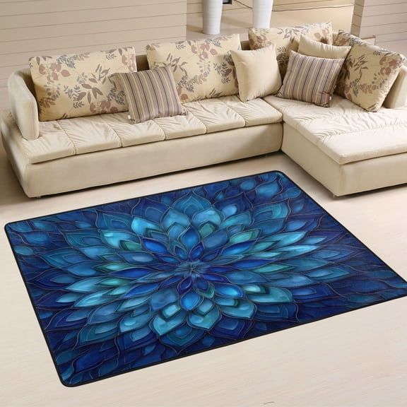 Area Rugs 36"x24" Indoor Non-Slip Wear Resistant Floor Mats Soft Large Carpets for Living Room Bedroom Home Decor Washable Rug Blue Glass Feathers Pattern