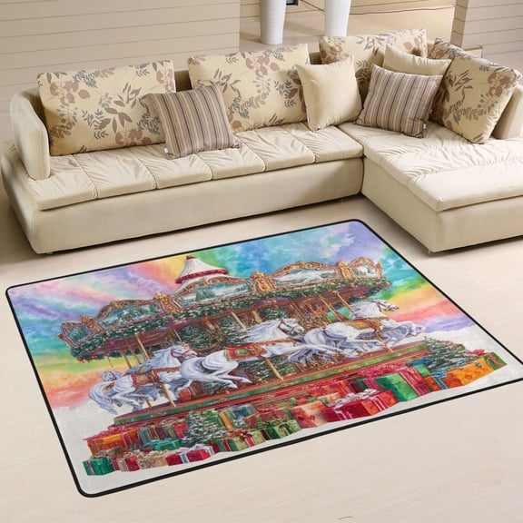 Area Rugs 36"x24" Indoor Non-Slip Wear Resistant Floor Mats Soft Large Carpets for Living Room Bedroom Home Decor Washable Rug Christmas Spinning White Horse