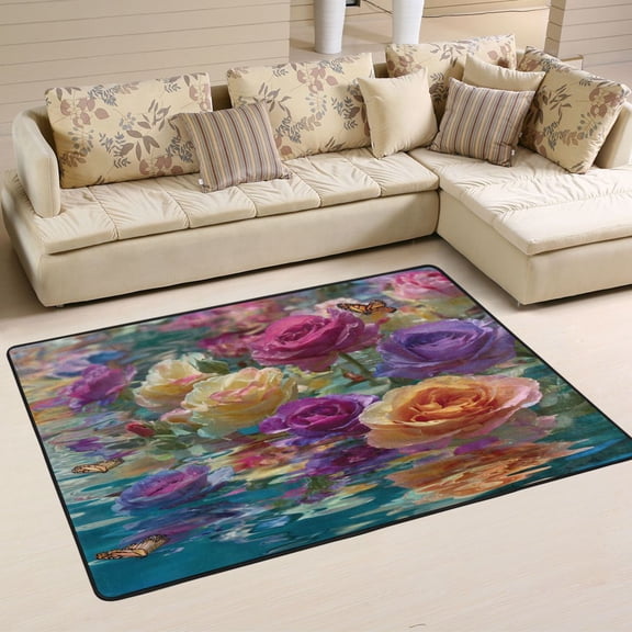 Area Rugs 36"x24" Indoor Non-Slip Wear Resistant Floor Mats Soft Large Carpets for Living Room Bedroom Home Decor Washable Rug Colorful Roses Floating on Water