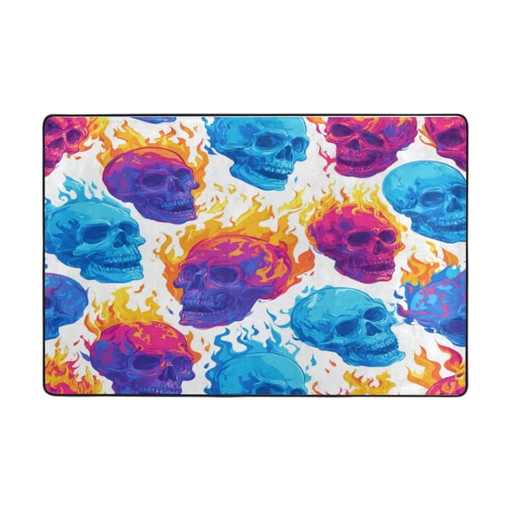 Area Rugs 36"x24" Indoor Non-Slip Wear Resistant Floor Mats Soft Large Carpets for Living Room Bedroom Home Decor Washable Rug Colorful Skulls with Flames