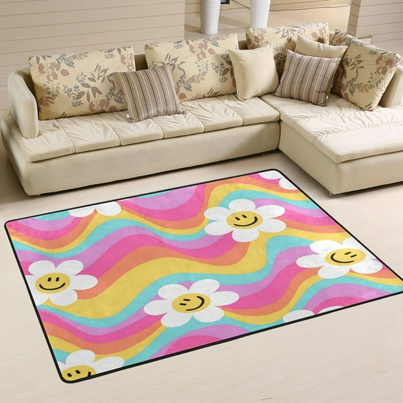 Area Rugs 36"x24" Indoor Non-Slip Wear Resistant Floor Mats Soft Large Carpets for Living Room, Bedroom, Home Decor Washable Rug Colorful Wavy Smiley Face Floral