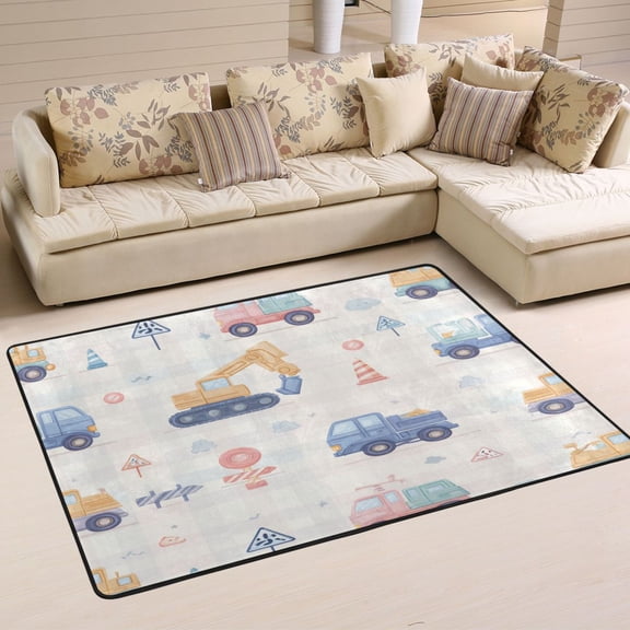 Area Rugs 36"x24" Indoor Non-Slip Wear Resistant Floor Mats Soft Large Carpets for Living Room Bedroom Home Decor Washable Rug Cute Construction Vehicles Pattern