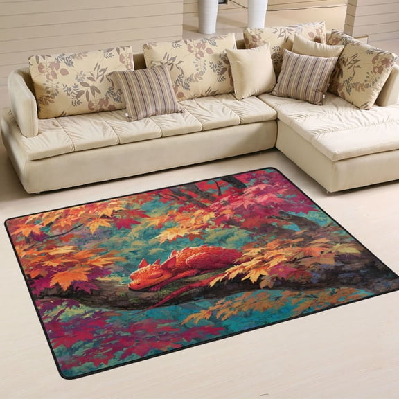 Area Rugs 36"x24" Indoor Non-Slip Wear Resistant Floor Mats Soft Large Carpets for Living Room Bedroom Home Decor Washable Rug Cute Red Dragon at Rest