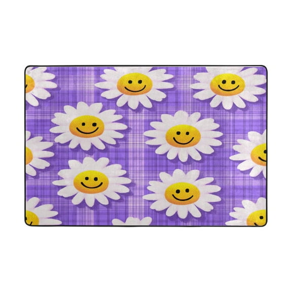 Area Rugs 36"x24" Indoor Non-Slip Wear Resistant Floor Mats Soft Large Carpets for Living Room Bedroom Home Decor Washable Rug Cute Smiling Daisies on Purple