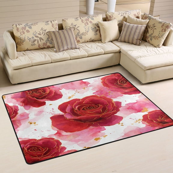 Area Rugs 36"x24" Indoor Non-Slip Wear Resistant Floor Mats Soft Large Carpets for Living Room Bedroom Home Decor Washable Rug Digital Art Red Roses Pattern